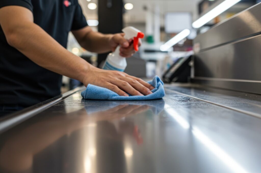 Desinfektion der Theke mittels Spray und Reinigungstuch