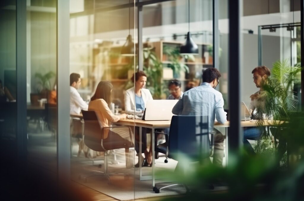Unscharfer Hintergrund eines Bürointerieurs mit Personen, die an einem Tisch arbeiten und sich besprechen. Geschäftskonzept.