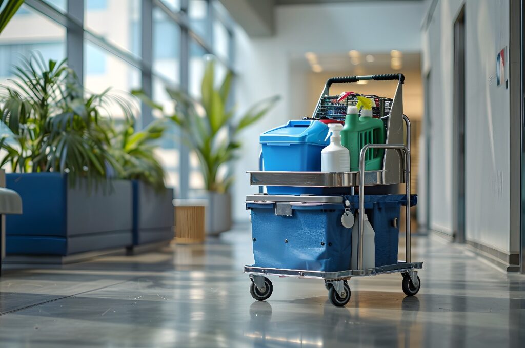 Ein Reinigungswagen mit Reinigungsmitteln und -geräten in der Lobby eines Bürogebäudes, der für den hochwertigen Service steht, den Sie bei der Reinigung Ihrer Räumlichkeiten erwarten können.